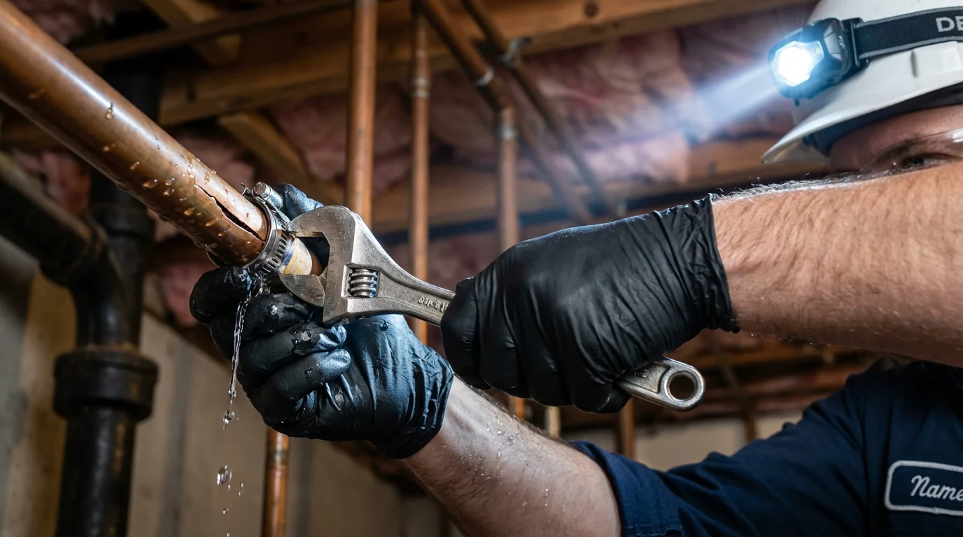 Emergency pipe clamp repair being performed by a Johns Plumbing LLC plumber in Durand