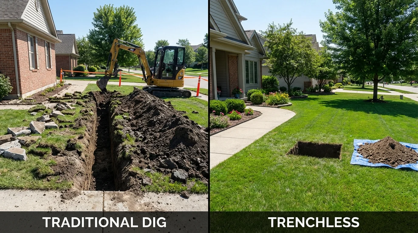 Trenchless sewer repair with minimal yard damage versus traditional excavation in Durand, IL