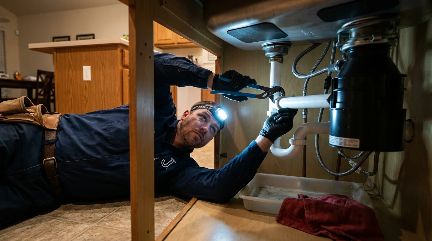 P-trap and supply line connections under a kitchen sink showing a common leak point in Durand, IL